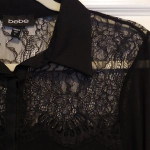 bebe Black Nylon & Lace Blouse "Breezy" L